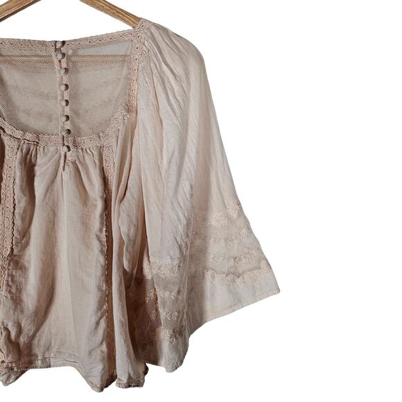 By Anthropologie Valentia Top 8 Light Pink Peasant Lace Mesh 3/4 Sleeve Blouse - Picture 8 of 13